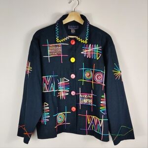 VINTAGE Life Style 90's Embroidered Black Button Down Shirt Jacket Size Small